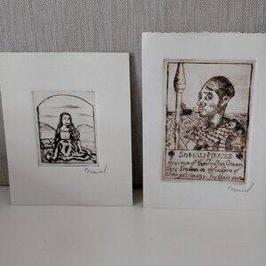 Set of 2 Intaglio Prints Woman and Pirate - Handcrafted - Artwork Wall Art Offic